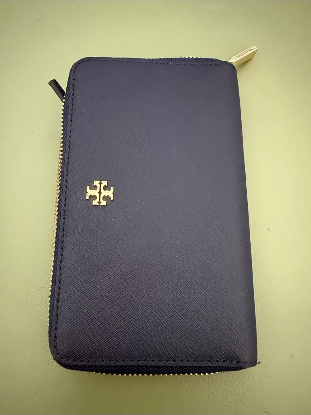 Tory Burch Navy Saffiano Zip-Around Wallet with Gold Logo